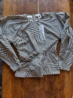 BNWT GANNI Crystal Button Houndstooth Ruched Poplin Blouse | Avant Garde | S